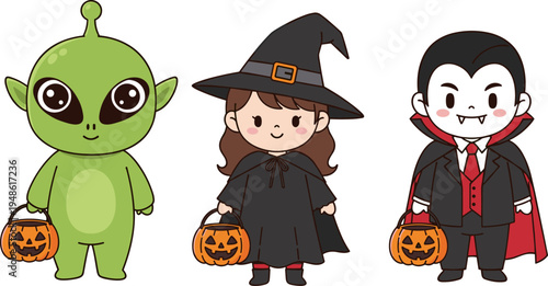 halloween, kids, alien, witch, vampire, costumes, pumpkin bucket, trick or treat, cartoon, cute, spooky, holiday, october, characters, illustration, party, festival, fantasy, fun, celebration