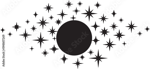 Black circle surrounded by stars and sparkles in space