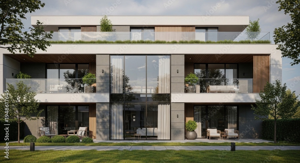 Fototapeta premium A modern, multi-story residential building with glass windows and wooden accents, surrounded by lush greenery and a clear blue sky.