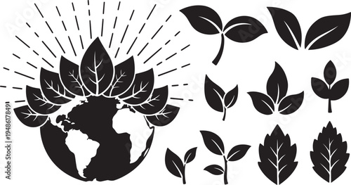 Earth with leaves and sunburst eco friendly symbol design