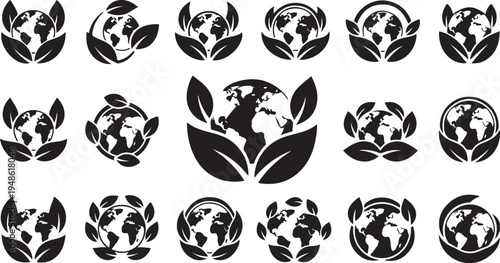 Earth with leaves eco friendly symbol icons set
