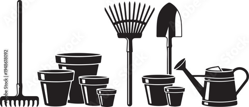 Gardening tools and buckets in a simple black illustration