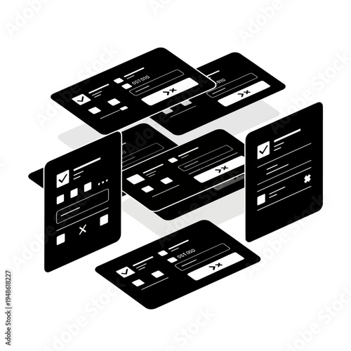 Isometric view of multiple dark user interface forms.