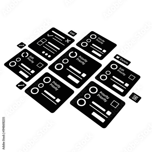 Isometric view of multiple task cards with priority and content details.