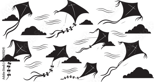 Black kites flying in the sky with clouds and wind