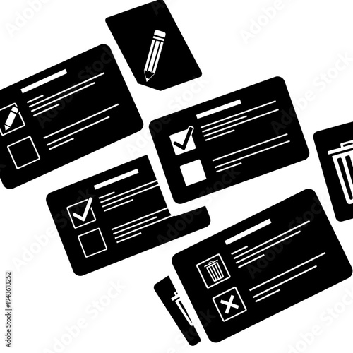 Monochromatic illustration of various task cards with checkboxes and icons representing editing, completion, and deletion.