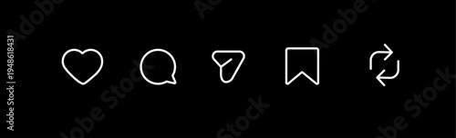 Social Media Interface Icons Set. Like, Notification, Heart, repost, Share, Save, View and Comment Symbols.
