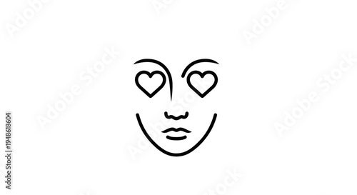 Minimalist Line Art Face with Heart Eyes, Love Symbol, Romantic Expression