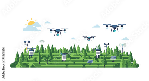 Illustration of drones flying over a green forest landscape with trees, sensors, and sunny weather.