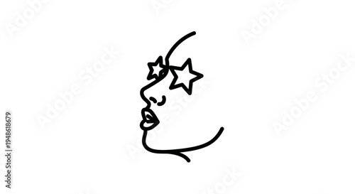 Minimalist line art of a woman's profile with star-shaped eyes, abstract, modern, elegant