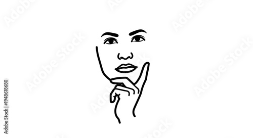 Minimalist Line Art Portrait of a Woman Thinking, Pensive Face, Hand on Chin, Black and White