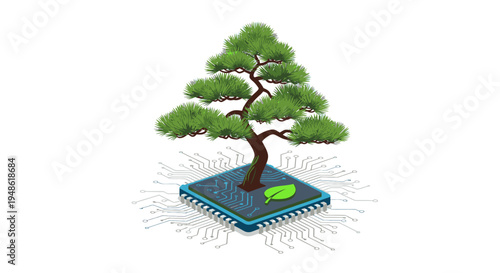Illustration of a bonsai tree growing on a computer microchip with a green leaf on a white background, symbolizing technology and nature.