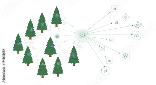 Illustration of green Christmas trees connected to icons representing eco-friendly sustainable practices on a white background with a focus on environmental conservation.