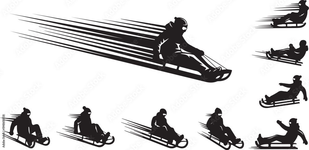 Naklejka premium Silhouette of people sledding down a snowy hill fast