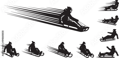Silhouette of people sledding down a snowy hill fast