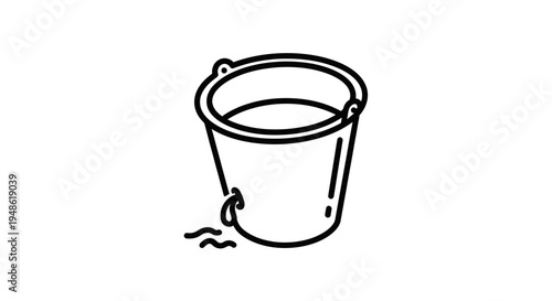 Leaky Bucket Icon with Dripping Water, Simple Outline Illustration