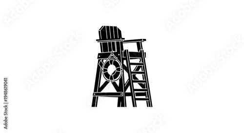 Lifeguard Chair Silhouette with Lifebuoy, Poolside Safety Equipment