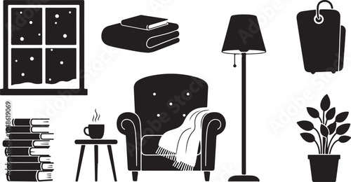 Cozy living room with chair, lamp, and books at night