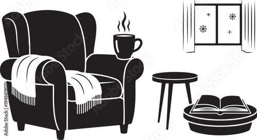 Cozy living room with chair, table, and pet bed inside