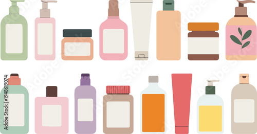 collection of cosmetic bottles and jars for skincare and beauty products