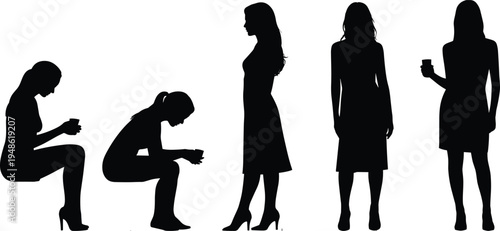 Women silhouette collection, female standing and sitting poses, stylish fashion figures, elegant lady silhouettes, modern women concept, beauty, lifestyle