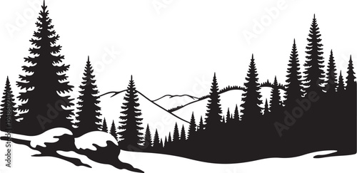 Snowy Mountain Landscape with Pine Trees Silhouette Vector Graphic
