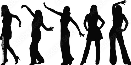 women dancing silhouette collection, female dance poses, stylish girl movement, fashion model gestures, modern lifestyle, party dance concept illustration