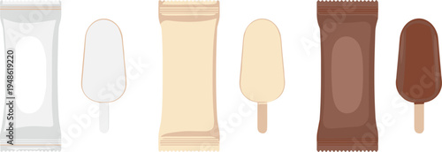 Collection of ice cream bar packaging mockups and popsicles in white, cream, and chocolate flavors, isolated vector for summer food branding and design.