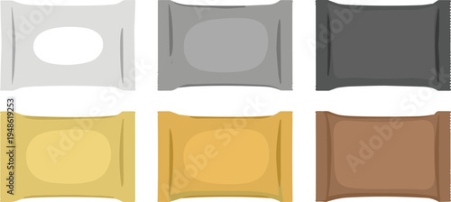 Collection of wet wipe packaging mockups and tissue flow wrap bags in various colors, isolated vector for hygiene products, cosmetic branding, and sanitation.