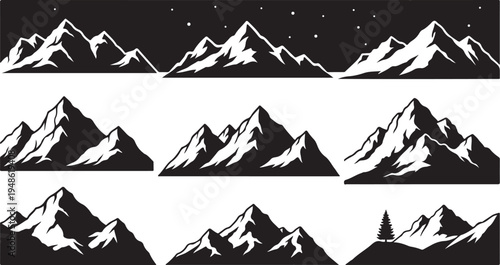 Black and white mountain range landscape silhouette vector graphics