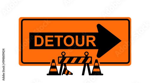 Detour sign showing alternate route for road work area with barriers