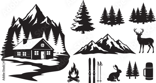 Mountain Cabin and Wildlife Silhouette Vector Illustration Set