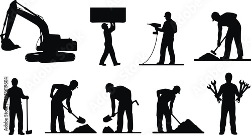 Construction workers and excavator silhouettes set, industrial labor tools and building work vector illustration isolated on white background