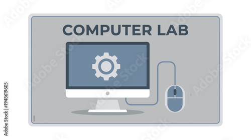 Computer lab sign with a modern desktop and mouse