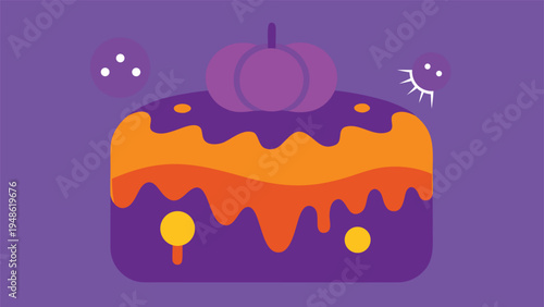 Dark purple cake featuring thick orange drips and a large purple pumpkin topper placed on a solid bright purple background with icons.