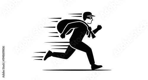 Burglar Running Fast with Loot Bag, Silhouette of Thief Escaping with Stolen Goods