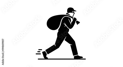 Burglar Running with Stolen Bag, Silhouette of Thief in Mask and Cap, Concept of Crime and Theft