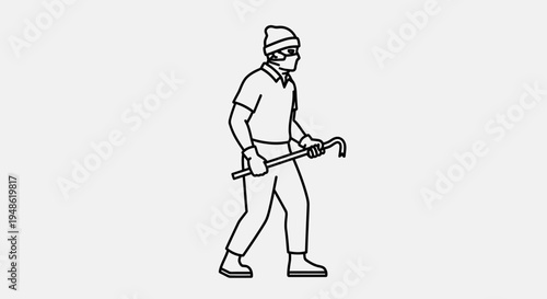 Burglar with crowbar, masked, wearing beanie, planning crime, illustration