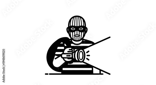 Burglar with flashlight, wearing mask and striped clothes, searching in the dark