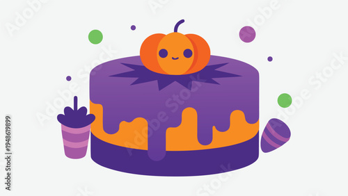 Purple frosted cake with an orange pumpkin topper sitting next to a striped cup and treat on a light gray background with dots.