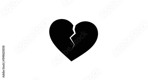 Broken Heart Icon Black Silhouette on White Background, Symbol of Love Loss and Sadness