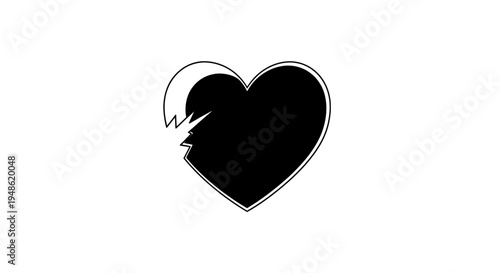Broken Heart Icon Black Silhouette on White Background, Symbol of Sadness and Loss