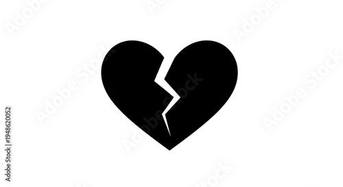 Broken Heart Icon Black Silhouette on White Background, Symbol of Sadness and Loss