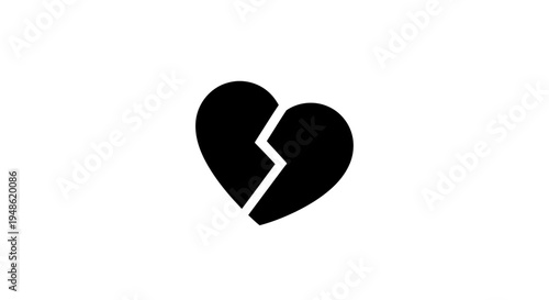 Broken Heart Icon Symbol, Sadness and Loneliness Concept, Black and White