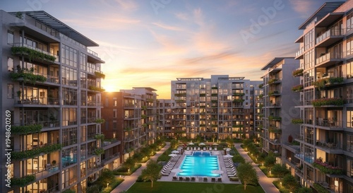 A modern apartment complex with a pool and greenery in the foreground, with a sunset in the background.