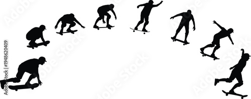 skateboarder silhouette set, skateboarding trick sequence, extreme sport action poses, skateboard jump progression, urban skate lifestyle, isolated black silhouettes