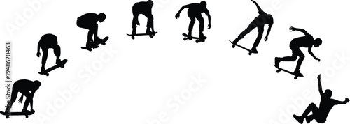 skateboarder silhouette sequence, skateboarding trick action poses, extreme sport movement concept, skateboard jump progression, isolated black silhouettes