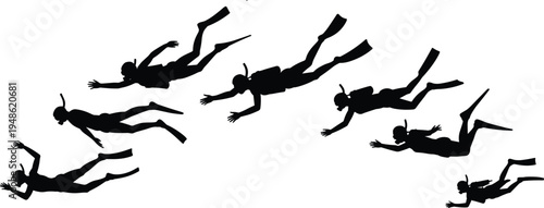scuba diving silhouette sequence, diver underwater swimming poses, snorkeling fins gear action, ocean adventure sport concept, isolated black silhouettes