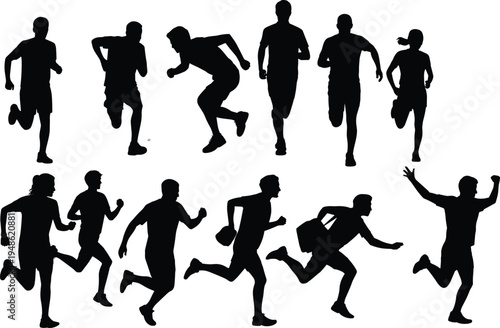 Running people silhouettes collection, jogging men and women, active lifestyle concept, fitness runners, marathon training, sport motion illustration