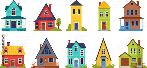 Colorful houses collection vector illustration, cute residential homes set, cartoon building facades, suburban architecture design elements pack